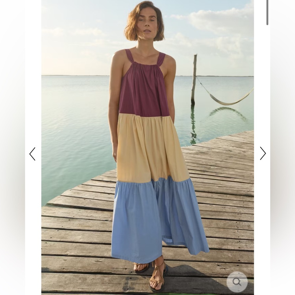 NWT Wrap London Color-Block Tiered Pure Cotton Maxi Dress in Mulberry Sky